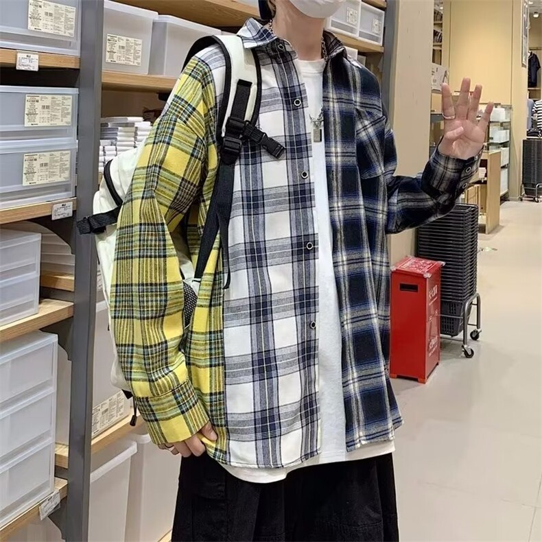 春夏季新款潮流慵懒男方领宽松型拼接格子长袖衬衫AC102P35图片