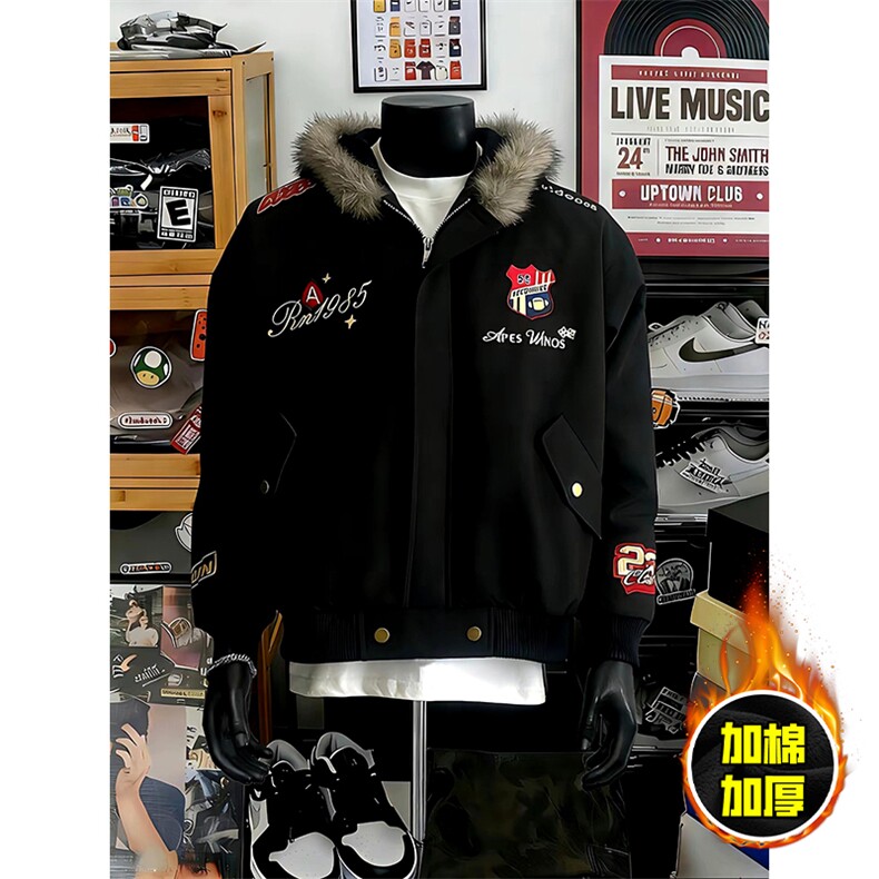现货高品质美式高街重磅刺绣座山雕大毛毛领棉衣男女加厚棉服外套，男装棉衣，电商A443