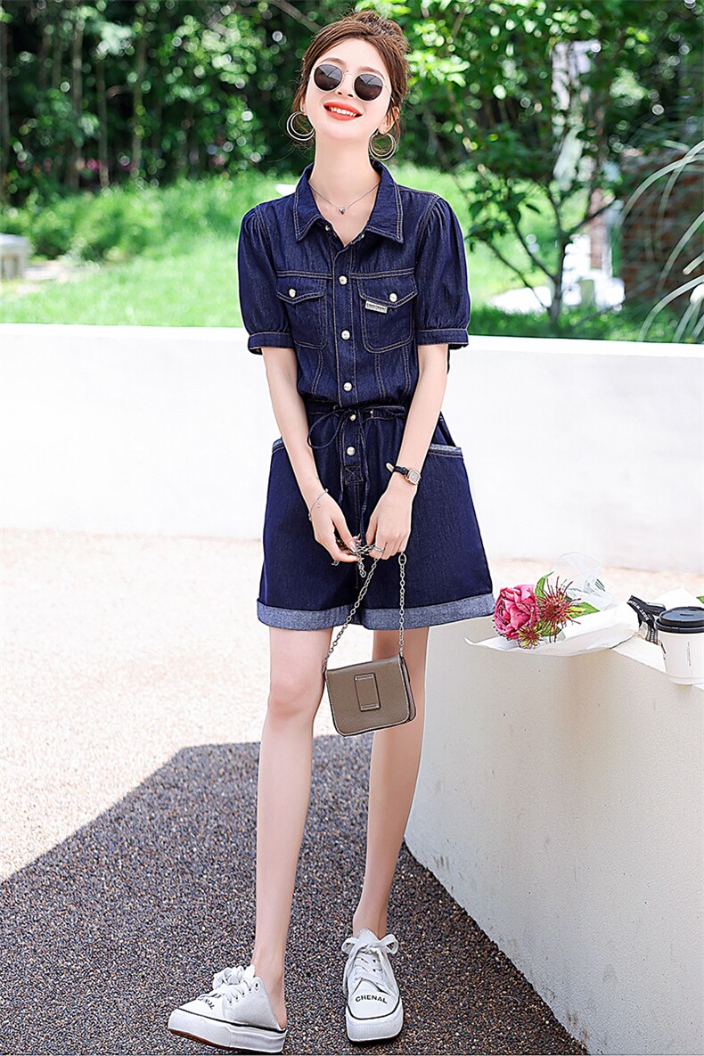 薄款牛仔连体短裤套装女2025夏季新款休闲宽松遮肉显瘦工装连衣裤,女装套装/套裙,意芙
