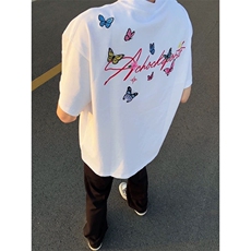 美式高街蝴蝶字母刺绣短袖t恤女夏季宽松高级情侣款潮牌纯棉上衣，男装T恤，四季星座505