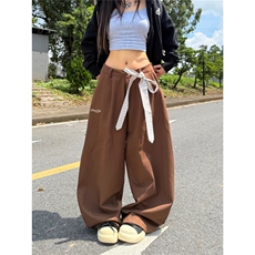 美式街头慵懒感格纹飘带弯刀工装裤女秋冬跳舞百搭显瘦休闲阔腿裤，男装工装外套，四季星座505