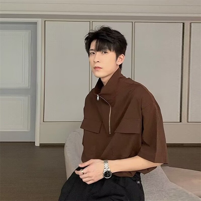 夏季半拉链短袖T恤男士垂坠小众设计感衬衣潮牌休闲宽松高领上衣，男装T恤，星座506A