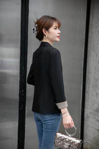 【新款现货】秋季拼格黑色气质小西装，女装西装，水锦红