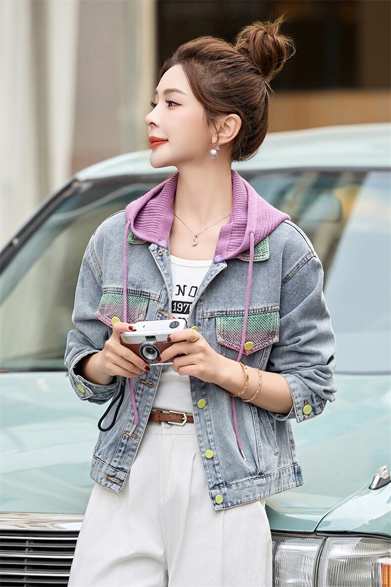 小清新渐变色拼接蓝色牛仔外套女2025春秋新款小个子时尚减龄夹克,女装短外套,梦依缘