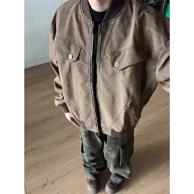 秋冬韩版时髦复古cleanfit工装皮质短款夹克外套男士宽松棒球服潮图片