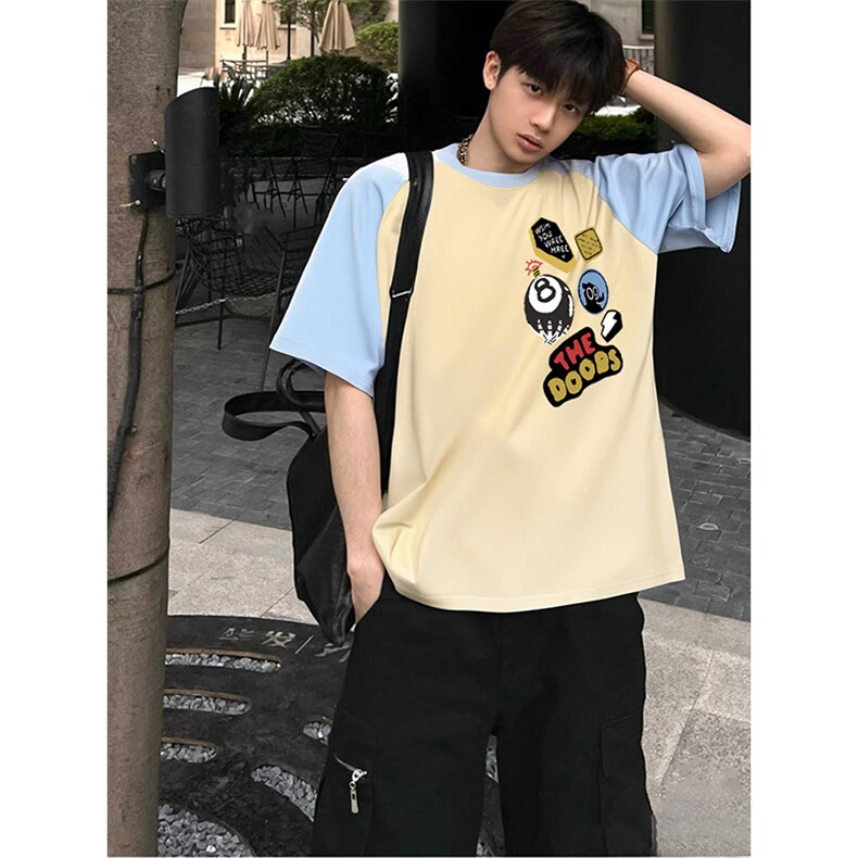 抖音得物高品质二开240克宽松纯棉美式潮牌插肩袖拼接短袖T恤,男装T恤,电商A486