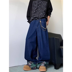 卷边阔腿牛仔裤男女美式复古水洗小众设计感百搭宽松休闲直筒长裤图片