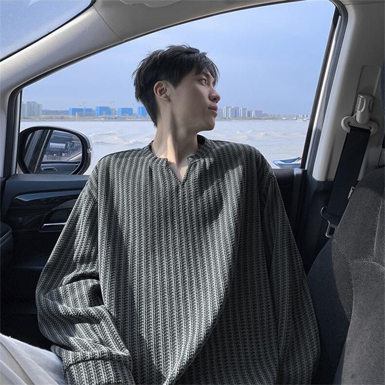 美式高街千鸟格子长袖T恤男女亨利V领英伦雅痞休闲宽松长袖打底衫，男装T恤，电商A486