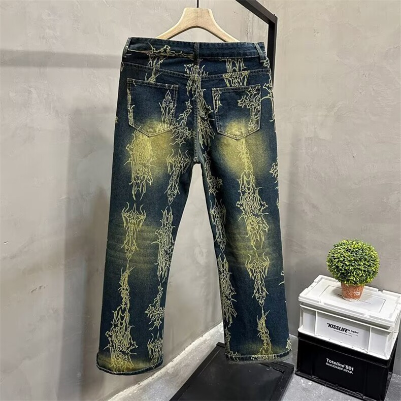 复古蓝提花水洗做旧牛仔裤男款秋冬新款2025设计感美式高街直筒裤,男装牛仔裤,星座506A