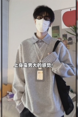 早春简约格子假两件polo翻领卫衣男款上衣打底衫CWY11-P45，男装T恤，星座703