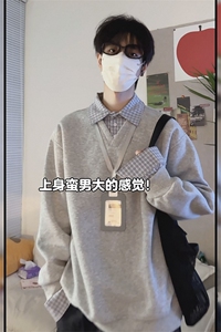 早春简约格子假两件polo翻领卫衣男款上衣打底衫CWY11-P45图片