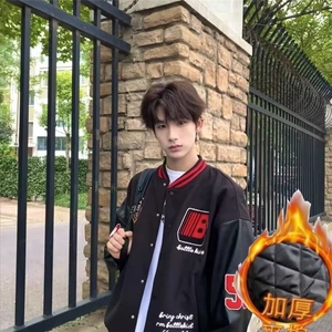 潮高街徽章刺绣pu皮拼接夹克男女青少年学生百搭潮流棒球服图片