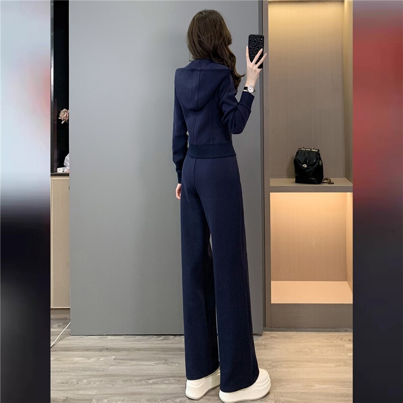 休闲运动套装女秋季新款双头拉链开衫卫衣抽绳阔腿长裤显瘦两件套,女装套装/套裙,2C310
