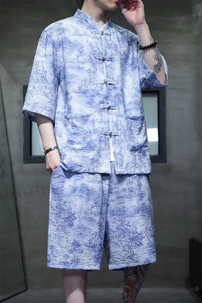 2025春季新款男装风冰丝竹叶印花盘扣套装短袖+短裤A102-P80,男装牛仔裤,电商B277(原6028)