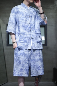 2025春季新款男装风冰丝竹叶印花盘扣套装短袖+短裤 A102-P80图片