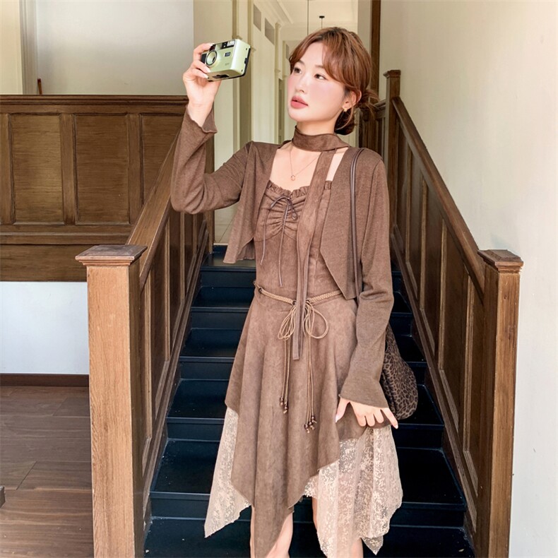 美拉德穿搭2025秋季新款吊带裙开衫两件套女辣妹废土风连衣裙套装,女装套装/套裙,2C267
