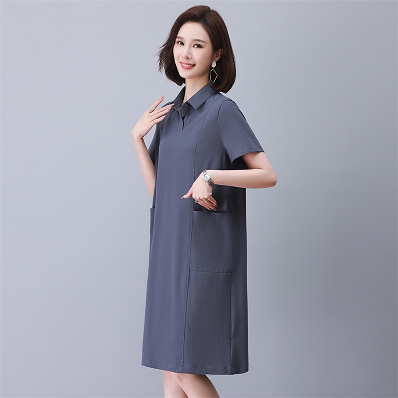 休闲直筒polo连衣裙2025新款中年妈妈气质翻领短袖裙子女夏中长款,女装连衣裙,涵誉