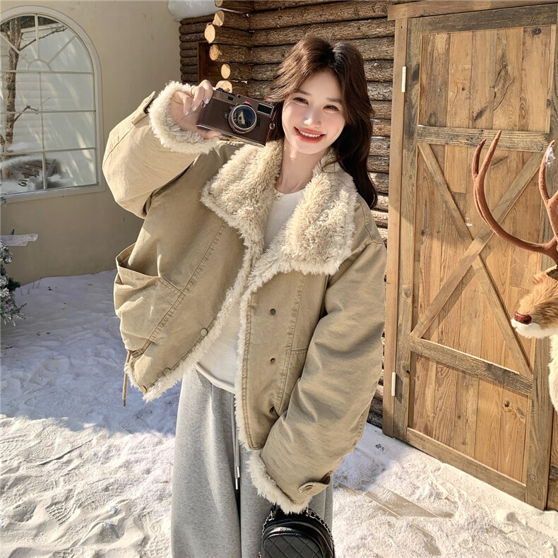 韩系羊羔毛外套女秋冬皮毛一体毛领保暖加厚立领派克服毛绒外套，女装棉衣/棉服，维壹