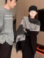 时髦多穿~慵懒贵气山羊绒针织开衫外套女秋冬拼接披肩新款，披肩，五色羊羊绒