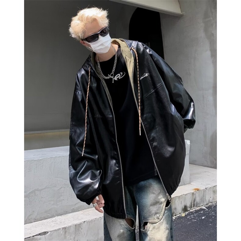 PU皮衣连帽夹克男春秋街头潮牌宽松上衣休闲宽松外套W9279-P70,男装皮衣,星座1109-3