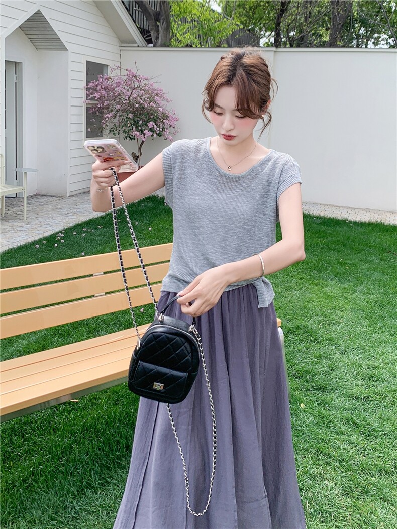 时尚休闲套装女夏季新款简约百搭显瘦针织小衫裙子两件套,女装套装/套裙,诺蝶