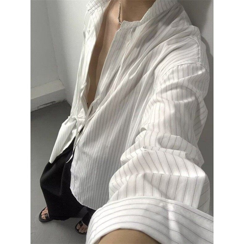 【有货】原创设计气质百搭抽绳飘带解构条纹长袖衬衫CY2002P45,男装衬衫,星座1004（原星座815-3）