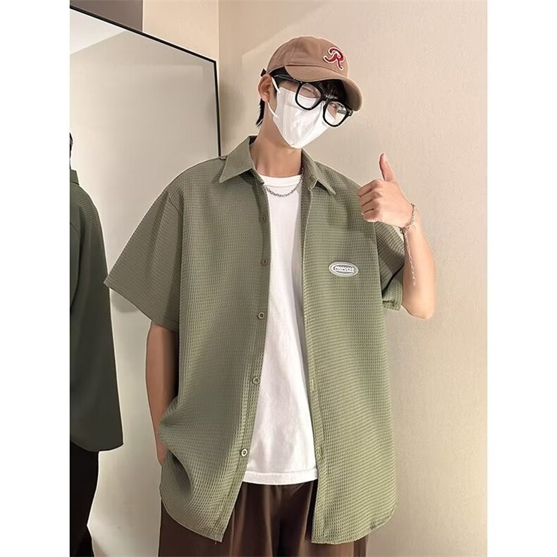 复古衬衫男短袖夏港风宽松小众设计感趣味新款男装上衣送项链C659,男装衬衫,星座1013