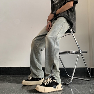 2023美式拖地裤潮牌微喇长裤黄泥染拉链开叉牛仔裤男 K6354-P45图片