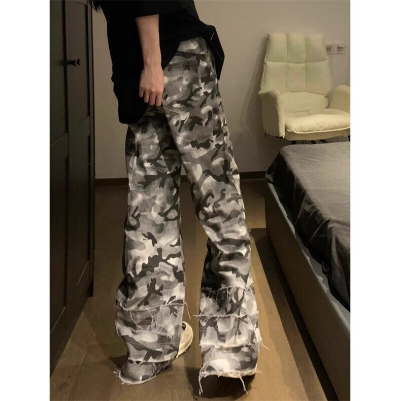 D6688-P60新款迷彩脏染双腰头男女宽松美式拖地裤潮-网图现货,男装牛仔裤,星座603-2