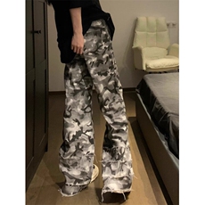 D6688-P60新款迷彩脏染双腰头男女宽松美式拖地裤潮-网图现货，男装牛仔裤，星座603-2