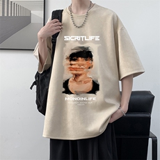 欧美街头潮牌hiphop短袖t恤男麂皮绒高克重磅oversize宽松七分袖，男装T恤，电商A040
