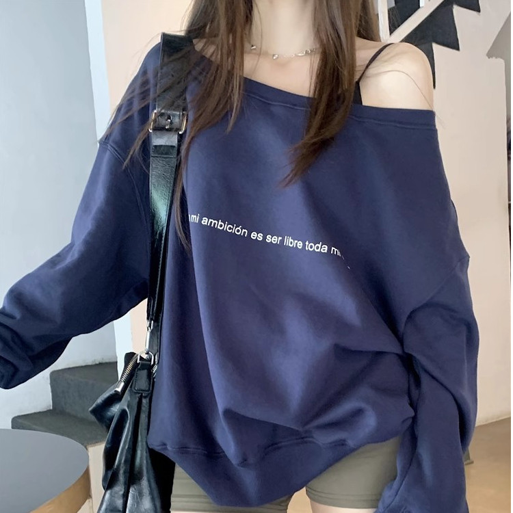 QC035-P35美式斜肩字母印花卫衣藏青色宽松长袖上衣，女装卫衣/绒衫，星座617A-2