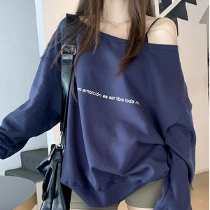 QC035-P35 美式斜肩字母印花卫衣 藏青色宽松长袖上衣,女装卫衣/绒衫,星座617A-2