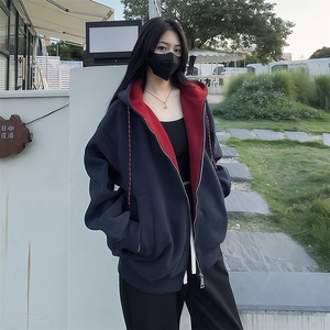 抖音得物二开美式高街重磅结构双层撞色连帽卫衣开衫外套W116图片
