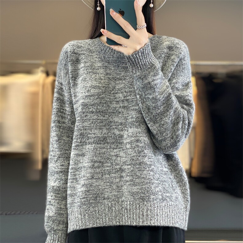 秋冬100%纯羊毛衫女圆领夹花色长袖针织毛衣宽松羊绒衫打底衫上衣,女装羊毛衫,昭美羊绒