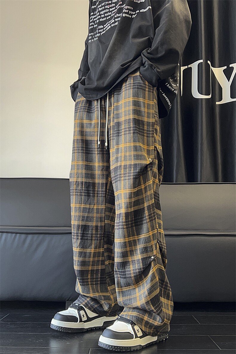 复古格子裤秋季褶皱伞兵休闲裤直筒拖地裤A486特P45控68,男装休闲裤,电商A309