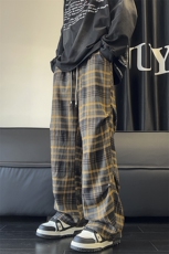 复古格子裤秋季褶皱伞兵休闲裤直筒拖地裤A486特P45控68，男装休闲裤，电商A309