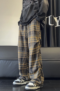 复古格子裤秋季褶皱伞兵休闲裤直筒拖地裤A486特P45控68图片