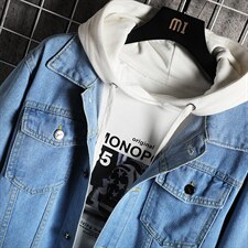 jk601-p55-限价78 网格牛仔夹克肥仔秋款量足印花大码图片