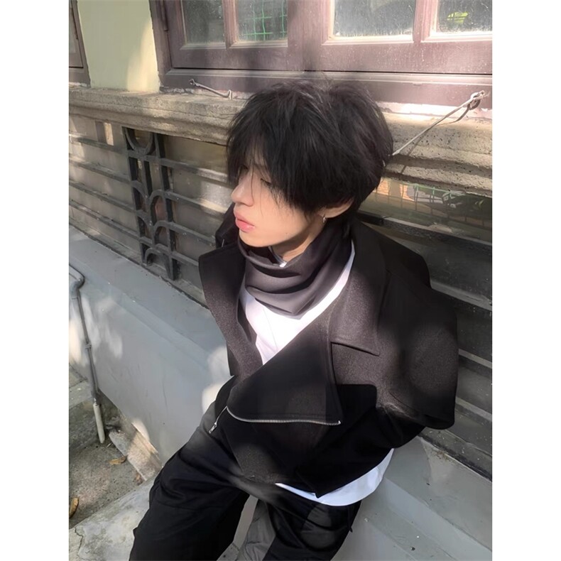 斜拉链解构设计感夹克短款黑色毛呢翻领外套DY193-P90,男装夹克,星座1213