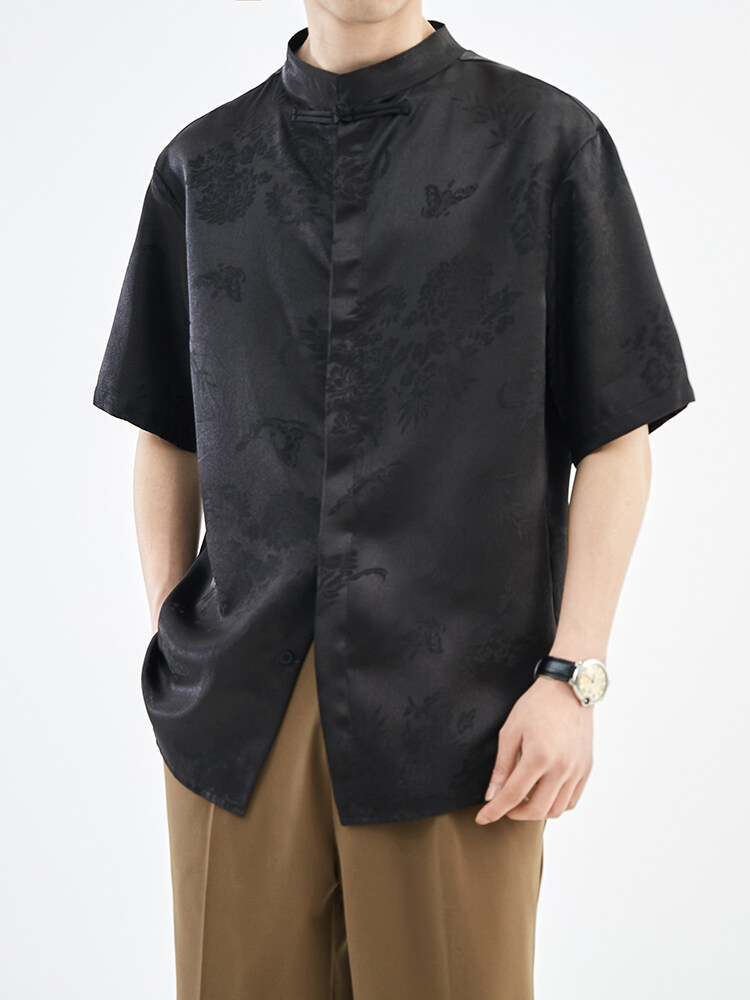 夏季新中式风立领竹叶短袖衬衫男冰丝衬衣A236-0861-特P35,男装T恤,电商A236