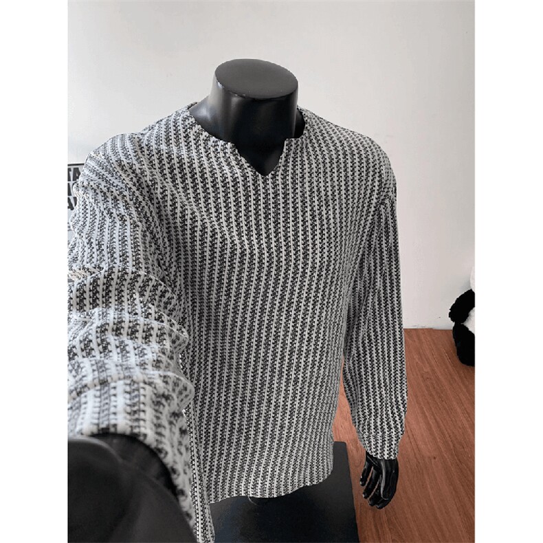 美式高街千鸟格子长袖T恤男女亨利V领英伦雅痞休闲宽松长袖打底衫，男装T恤，电商A486