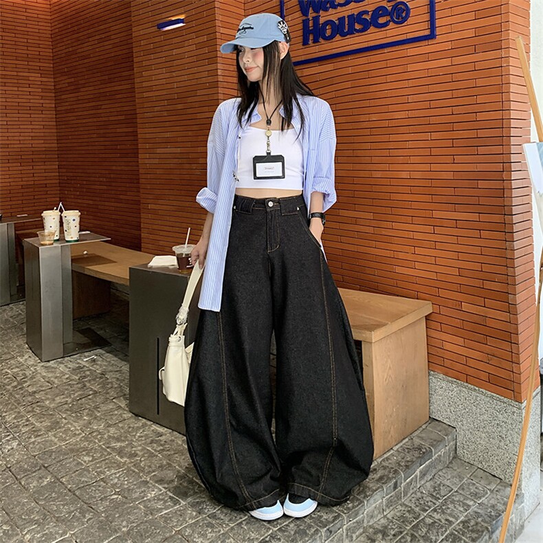 水洗休闲牛仔裤男女新款高腰宽松百搭直筒阔腿拖地长裤YD9006-P60图片