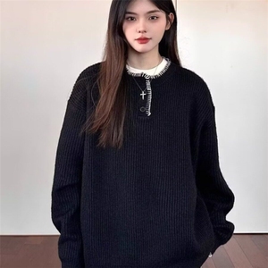 美式复古设计休闲亨利领针织衫毛衣男女宽松秋季情侣慵懒套头上衣图片