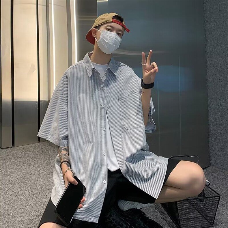 条纹短袖衬衫男2026年新款夏季日系潮牌宽松休闲男生工装衬衣外套,男装衬衫,星座601-1