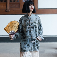 新中式风（蝴蝶）轻奢潮中式扎染植绒麻衬衫印花唐装男女款，男装衬衫，星座305A（原312A-1）