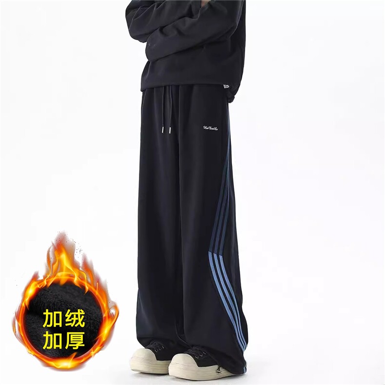 美式复古高腰宽松直筒休闲加绒卫裤男冬新款针织条纹织带阔腿长裤图片