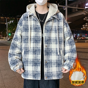 冬季男士加棉假两件格子夹克港风大码加厚棉衣外套图片