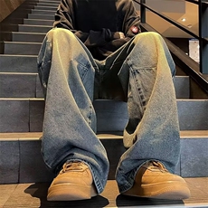 水洗做旧牛仔裤男春秋美式复古宽松阔腿直筒拖地长裤炸街痞帅裤子，男装牛仔裤，星座601-2
