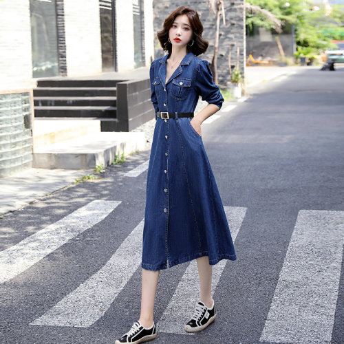 时尚气质牛仔收腰连衣裙2021年秋季新款韩版女长裙潮,女装连衣裙,润尚靓点